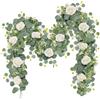 Dremisland 2 Pezzi Ghirlanda di Rosa Fiori Finti per Decorazioni 180cm Bianca Grande Rosa Fiori Artificiali Eucalipto Ghirlande Piante Rampicanti Finte da Esterno Decorazioni per Matrimonio Giardino