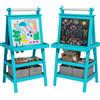 AIYAPLAY Lavagna per Bambini con Cavalletto 3 in 1, Rotolo di Carta e 2 Contenitori, in Legno, 59x48x118 cm, Blu