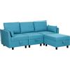 HOMCOM Divano Componibile Modulare 3 Posti con Pouf Poggiapiedi e Cuscini, Rivestimento in Flanella, Blu