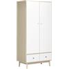 HOMCOM Armadio 2 Ante in Legno con 4 Vani, 2 Cassetti e Appendiabiti, Color Legno e Bianco, 90x50x190cm|Aosom