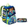 Seven Zaino Scuola SJ GANG CUCCIOLI, Blu PATTINE CALAMITATE CON GRAFICHE DIVERSE Scuola Elementare + Portapenne Blu Bambino