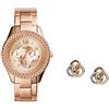 Fossil Orologio Analogico Quarzo Donna con Cinturino in Acciaio Inossidabile ES3590, Oro Rosa + Orecchini a perno con cerchietti tricolore