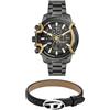 DIESEL Orologio da Uomo in Acciaio Inossidabile Grigio Griffed e Bracciale in Pelle Nera Stackables, Set