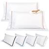 EVERGREENWEB MATERASSI & BEDS EVERGREENWEB - Cuscini Letto Coppia 100% Memory Foam alti 18 cm con Elegante Set di 4 Fodere GRATIS in Morbido Cotone Bianco + Balza e Riga Rosa, 2 Guanciali per dolori CERVICALI in Schiuma Ergonomica