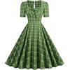 Wellwits Abito da donna con scollo quadrato a quadretti con fiocco anteriore e cocktail vintage anni '50 Natale verde 2XL