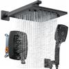 ELLO&ALLO Set rubinetto doccia bagno nero opaco con valvola, soffione doccia a pioggia con combo portatile