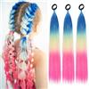 PORSMEER Confezione da 3 extension a coda di cavallo da 61 cm, colore blu/giallo/rosa, miste per intrecciare code di cavallo sfumate, con elastico per capelli, glitter, per festival/feste