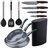San Ignacio Set 3pc padella (16+20+24cm) alluminio pressato, induzione, nero Soul Marble con set 3pc utensili da cucina nylon con set 4pc coltelli acciaio inossidabile