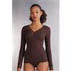 Intimissimi Maglia Scollo A V In Modal Cashmere Ultralight E Pizzo Marrone