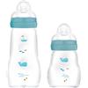 MAM Biberon in vetro, set da 2, Feel Good dalla nascita, 170 ml e 260 ml, biberon in vetro, blu