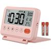MeesMeek Sveglia digitale da viaggio: Piccola sveglia LCD con temperatura, 12/24 ore, modalità weekend e 2 volumi, ideale per la camera da letto e l'ufficio (batteria inclusa) (Rosa)