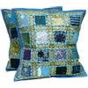 PUSHPACRAFTS Set di 2 federe per cuscino indiano vintage per la casa in cotone quadrato turchese azzurro con ricamo e patchwork, 41 x 41 cm