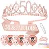 ADAKEL Corona Fusciacca e Tiare cerchietti per Oro Rosa Regalo 50° Compleanno Palloncini Cake Topper Decorazioni Donna