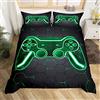 Loussiesd, Set copripiumino con motivo moderno e geometrico con controller per videogiochi su sfondo a nido d'ape, verde e nero, per bambini e ragazzi, 135 x 200 cm