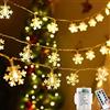 Lezonic Catena luminosa natalizia a batteria, con fiocco di neve, 7 m, 60 LED, con telecomando, 8 modalità, impermeabile, per interni, feste, balcone, decorazione fai da te, bianco caldo