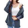 Stamain Camicia Donna Manica Lunga Camica Grigio Donna Cotone Estiva Scollo V Casual Camicie Mare Oversize Tinta Unita con Tasca per Vacanze Spiaggia XXL