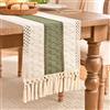 Aisybaklyn Runner Tavola Moderno Runner Da Tavolo Boho Tovaglia In Lino di Cotone Runner Tavola Casale Rustico Runner per il Tavolo Cuciture Bicolori Verde e Beige，30X140cm per Matrimoni Casa Cucina