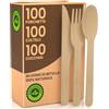 Baciato Caffè Set Posate Ecologiche Monouso in Legno di Betulla - 100 Forchette + 100 Coltelli + 100 Cucchiai - Usa e Getta 100% Naturali Biodegradabili Compostabili