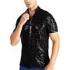 Beokeuioe Polo da uomo a maniche corte Turndown Sparkles Paillettes anni '70 discoteca discoteca discoteca party t-shirt glitter camicia ecopelle uomo carnevale costume lucido, A nero, L