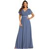 Ever-Pretty Abito Cerimonia Donna Estivi Lunghi Curvy Elegante Vestiti da Sposa Eleganti a V Chiffon Vita Alta Denim Blu 46