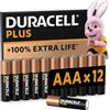 Duracell Batterie Plus AAA (pacco da 12) - Pile Alcaline 1.5V - Fino al 100% di extra durata - Affidabilità per i dispositivi a uso quotidiano - 0% plastica - 10 anni di conservazione - LR03 MN2400