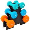 Signature Fitness Set di 6 manubri in neoprene, antiscivolo, anti-rotolo, forma esagonale, colorati, 3/5/3,6 kg, set da 14,5 kg con supporto