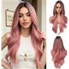 OUFEI - Parrucca rosa da 66 cm con radici scure, in fibra sintetica resistente al calore, a onde naturali lunghe, per donna, per uso quotidiano, travestimenti e feste