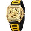 DAXIAOYU Orologio da polso sportivo da uomo, con scheletro, automatico, quadrato, cavo, quadrante con incisione, cinturino in silicone, traspirante, idea regalo per uomo, Nero e oro.