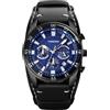 TONSHEN Uomo Analogico Quarzo Orologio Fase Lunare Calendario Cronometro Sportivo Orologi da Polso Acciaio Inossidabile Cassa e Pelle Cinturino (Nero Blu)