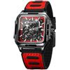 DAXIAOYU Orologio da polso sportivo da uomo, con scheletro, automatico, quadrato, cavo, quadrante con incisione, cinturino in silicone, traspirante, idea regalo per uomo, Nero e rosso