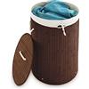 Relaxdays 1x Cesto Portabiancheria, Rotondo, Pieghevole, 70 L di Volume, Coperchio e Sacco di Cotone, Ø 41 cm, Marrone