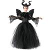 AOLIUP Malefica Costume Bambina Halloween: Vestito da Regina Strega Cattiva Maleficent per Ragazze con Copricapo Corna e Mantello Ali Nero per Halloween Carnevale Cosplay Festa Abito (L)