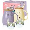 SHENDONG Set di 2 tazze da caffè in ceramica con coperchio e cucchiaio in bambù kawaii, tazza mattutina, caffè, latte, tè, tè, 3D, animali, per amanti dei gatti, regali da donna (Viola e giallo)