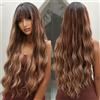 OUFEI - Parrucche Ombre Castano con Evidenziature per Donna, Lunghe e Ondulate con Frangietta, Capelli Sintetici Naturali, Resistenti al Calore, per Uso Quotidiano, Festa e Cosplay
