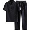 Generic 2024 New - Mens Primavera E Estate Tinta unita Casual Scollo a V T-shirt Manica Corta Vita Elastico Lace Up Pant Suit Due Pezzi Set Famiglia Pigiama Natale, Nero , L