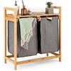 LIFEZEAL 70L Cesto Biancheria Sporca a 2 Scomparti, Mobile Portabiancheria in Bambù, Cesto Estraibile, con Sacco Rimovibile, Lavabile, Piano Portaoggetti, Lavanderia, Bagno, 63x33x73cm, grigio