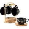 HOME DECOR Set di 4 tazze da cappuccino in ceramica da 220 ml, impilabili e piattino con supporto in metallo, per amanti del caffè, cappuccino, latte, americano e tè, nero dorato
