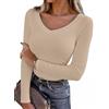 Aottori Maglietta Donna con Scollo a V Cotone Maglia a Maniche Lunghe Costine Tops Termica Slim Fit Aderente Sottogiacca Intimo Elasticizzato Autunno Verde XL