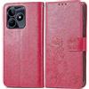 RankOne Custodia in Pelle per Realme C53 / Realme C51 / Realme Note 50 (6.74 Inches), Cover a Portafoglio con 3 Fessure per Carte 1 Tasca Portamonete Motivo Quadrifoglio - Rosso