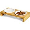 PETLINUS Ciotole per Gatti Rialzate, Ciotole per cani piccoli e Gatti per Acqua e Cibo, Doppia Ciotole Gatto, Ciotola Gatti rialzata di Ceramica e Legno, 29x15x5 cm. 2x250 ml. (Bambu)