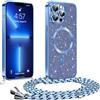 Phoona Glitter Cover per iPhone 13 Pro 6,1 con Cordino, Antiurto Silicone Protezione, Compatibile con MagSafe Cover con Cordino, Anti Graffi, Non Ingiallente, Blu