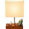 Dreamholder Lampada da tavolo con 3 porte USB A+C, 3 supporti per telefono, moderna lampada da comodino USB per camera da letto, soggiorno, ufficio, lampada da comodino con base in noce e paralume in