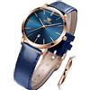 OLEVS Orologio da donna al quarzo minimalista con design ultra-sottile e cinturino in pelle, impermeabile e data elegante, Cinturino blu e quadrante blu e cassa in oro rosa,