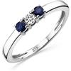 OROVI Anello Trilogy con Diamante Naturale centrale e due Zaffiri Blu Naturali laterali. Anello di fidanzamento in Oro Bianco lucido ipoallergenico 9Kt/375.