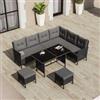 DEGHI Set pranzo in polyrattan nero tavolo con piano in vetro 120x65 cm con divano angolare e 2 pouf - Nerine