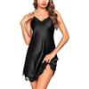 Litherday Camicia da Notte Donna Seta Camicie Notte Sexy Sottoveste Cinturino Regolabile Camicia da Notte Pigiama di Seta di Pizzo con Scollo a V Camicie da Notte,Nero,S