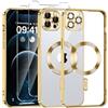 Phoona Cover Placcatura per iPhone 12 Pro Max 6,7 Pollici, Obiettivo per Fotocamera Protezione Completa e 2 × vetro temperato, Compatibile con MagSafe Ricarica Wireless, Protezione Militare, Oro