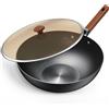 Jobin 32cm/5,2L Wok in Acciaio al Carbonio con Coperchio di Vetro | Padella a Fondo Piatto Senza Rivestimento Chimico | Adatta per Cucinare Piatti per 4-6 Persone, Adatto Tutte le Pentole