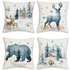 Bonhause Federe per Cuscini Inverno Renna Blu 45 x 45 cm Copricuscini Decorativi Orso Cervo Neve Pino Poliestere Biancheria Federa per Cuscino Casa Vacanze Natale Decorazione Set di 4