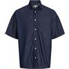 JACK & JONES Camicia Effetto Jeans vestibilità Morbida, Maniche Corte e Colletto Hawaiano, Stampa Giapponese sul Retro. Blu Blu Denim